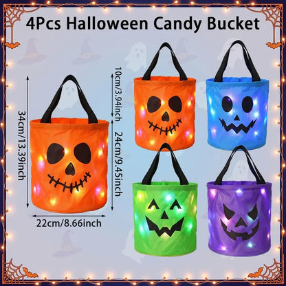 3/4 Pcs Halloween Candy Bucket with LED Lights, 13.39x8.66 Inch Trick or Treat Bags Non Woven Gift Bags Pumpkin Candy Bags Reusable Tote Bags for Kids Students Adults, Night Light Bags for Garden Lawn Decorations, Halloween Christmas Party Favor Supplies